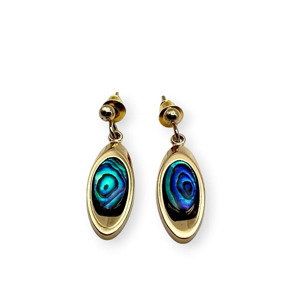 Abalone Shell Dangle Drop Earrings Iridescent Blue Gold Tone Coastal Mermaidcore